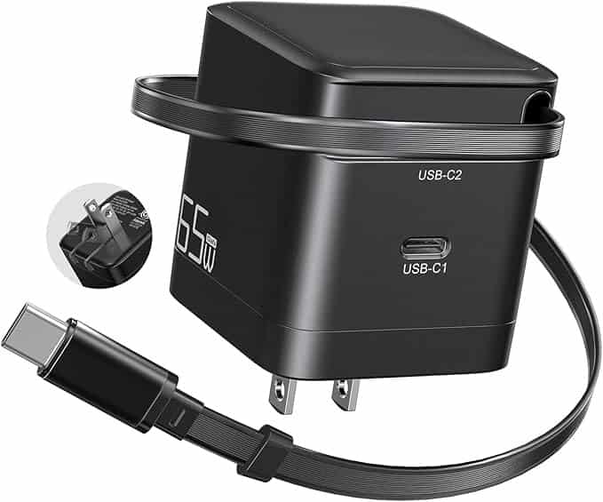Retractable GaN Wall Charger PD65W manufacturer wholesaler factory for phone laptop tablet earbuds and Apple Watch foldable prongs a retractable USB-C cable from Dongguan youlike electronics factor